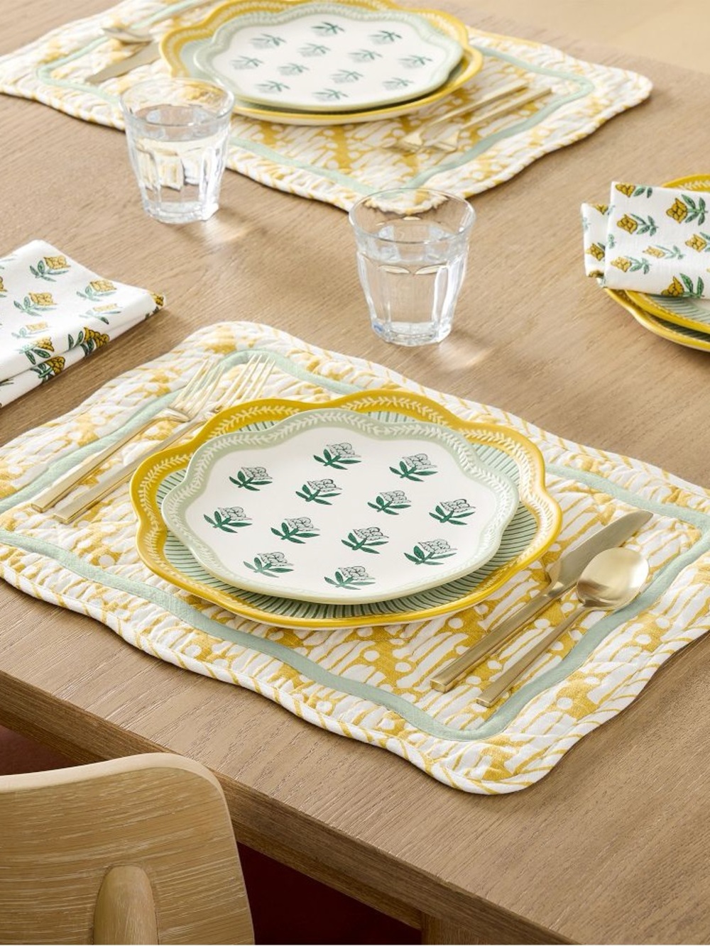 WEST ELM x RHODE 6 pc Batik Cotton Placemats Cottagecore Yellow Green Scalloped